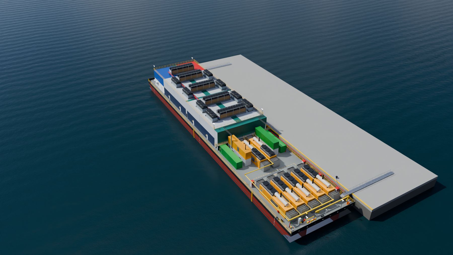 Render of a floating AI data centre designed with Anvil, at sea