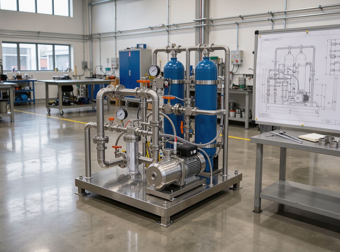 An engineering workshop with a skid-mounted water treatment unit
