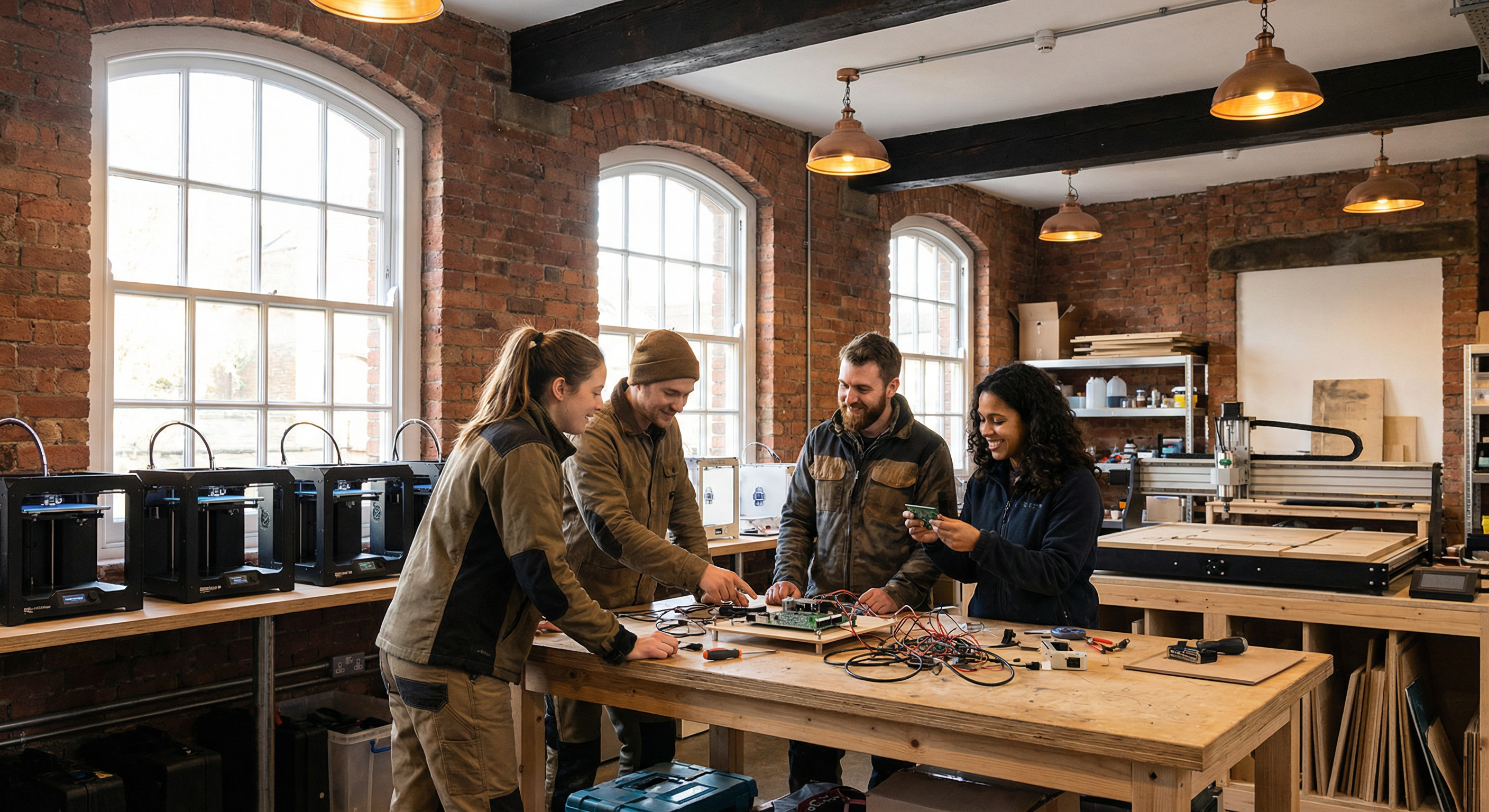 Engineers collaborating in a bright British workshop with 3D printers and CNC machines