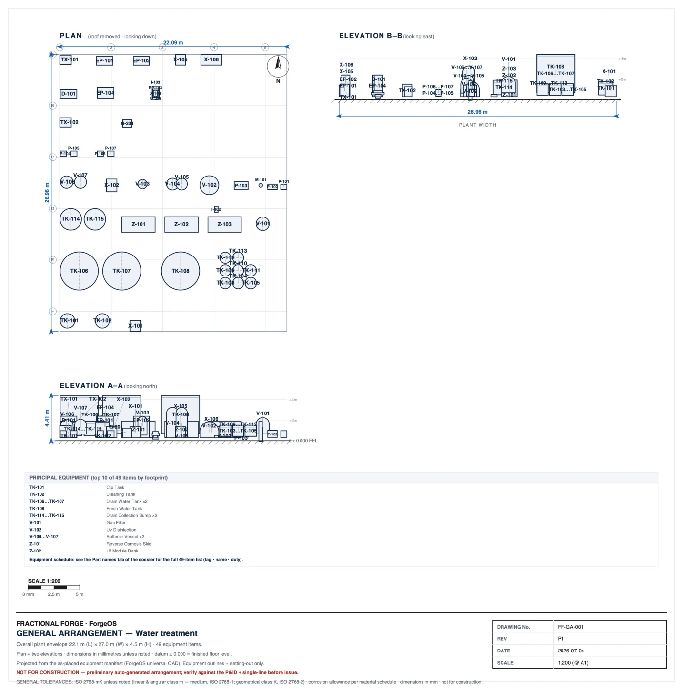General-arrangement engineering drawing: plan and elevations with an equipment schedule