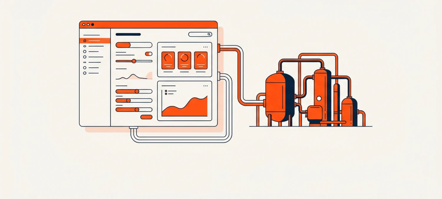 A software-style control panel piped into an industrial process plant — the front end for hardware